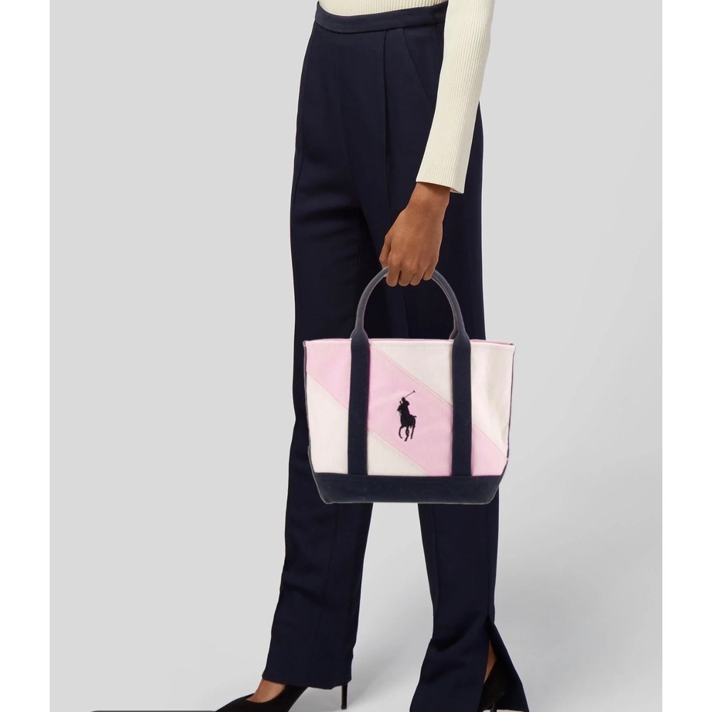 Polo Ralph Lauren Pink Cream Navy Canvas Big Pony Colorblock Tote Bag